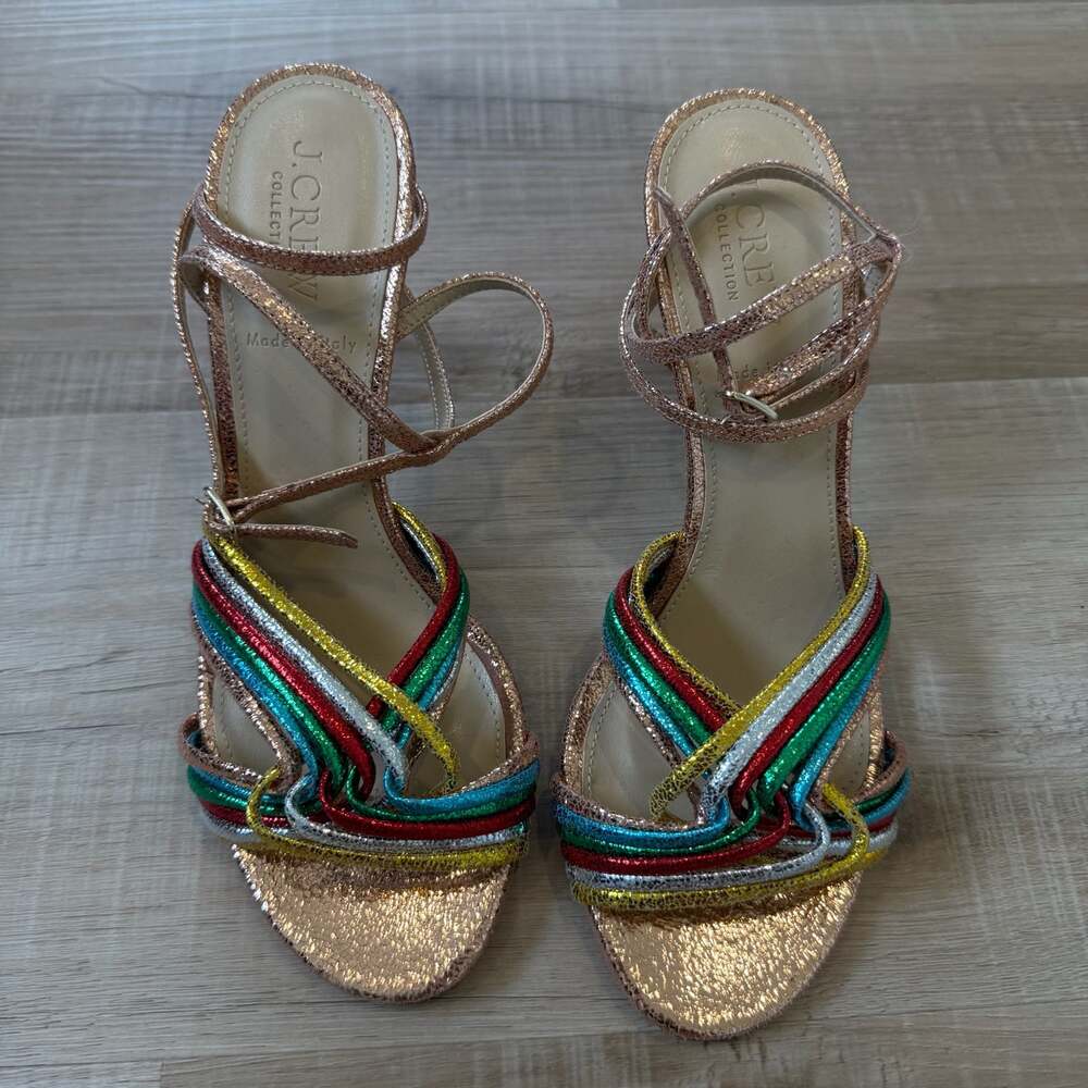 J.CREW Metallic Rose Gold Multi-Color Strappy Heels